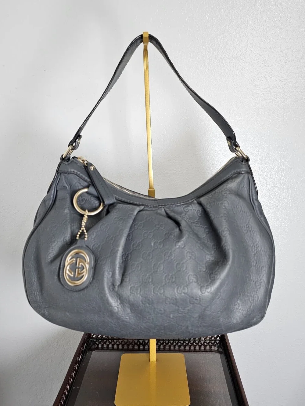 Gucci Grey Guccisima Embossed Leather Sukey Hobo GoldTone Charm Shoulder Bag